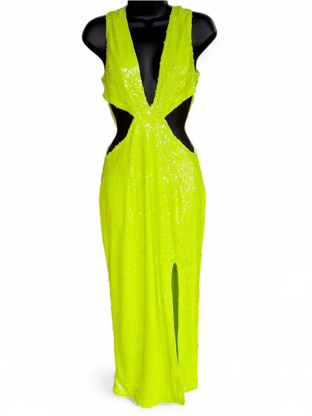 PrettyLittleThing Neon Lime Sequin Backless Cutout Gown